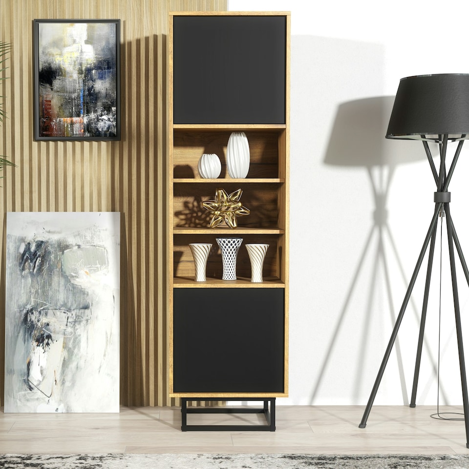 image 1 of Tall Display Cabinet 175cm – Oak Matt & Black Matt with Metal Frame & Hidden Storage N/A | Oak