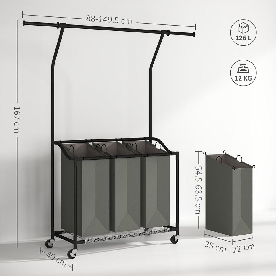 image 1 of HOMCOM 126L Laundry Sorter, Rolling Wash Basket with Hanging Rail and Mobile 3-Bag Organiser for Bedroom, Bathroom, Laundry Room, 88-149.5L x 40W x 167H cm, Dark Grey | Grey