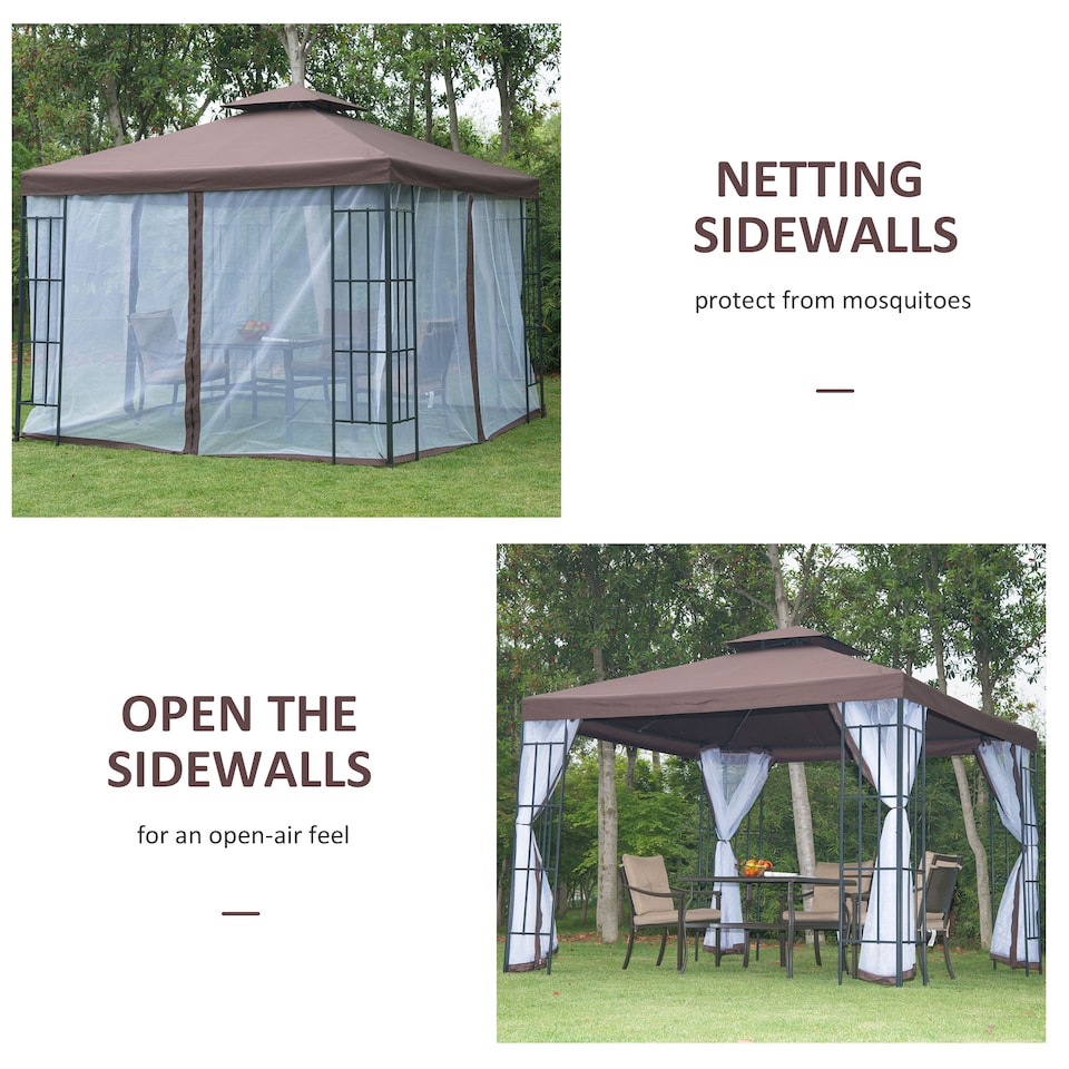 image 1 of Outsunny 3 x 3m Patio Gazebo Canopy Garden Pavilion Tent Shelter with 2 Tier Roof and Mosquito Netting, Steel Frame, Coffee