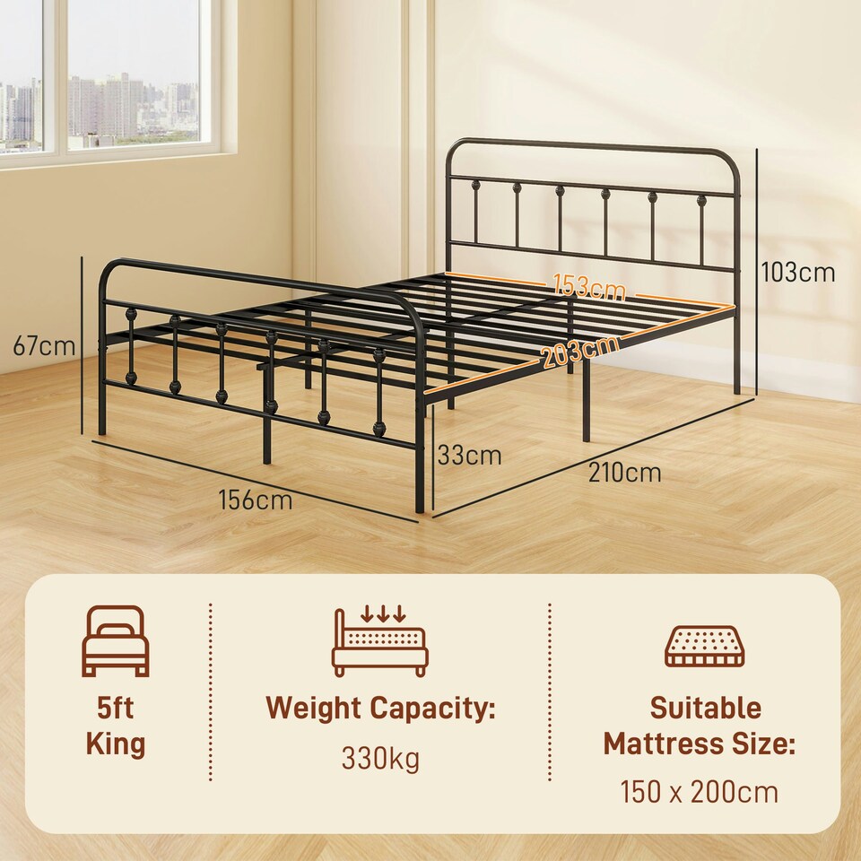 image 1 of HOMCOM 5ft Metal King Platform Bed Frame w/ Underbed Storage Headboard Black