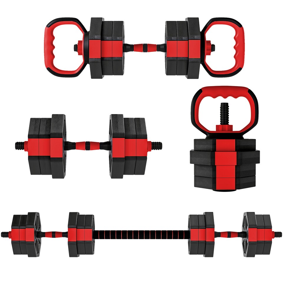 image 1 of SPORTNOW 4-in-1 Adjustable Weight Dumbbells Set, Used as Kettlebell, Barbell, Dumbbell, Push-Up Stand, 20kg Free Weights Set for Men and Women Home Gym Training, Red