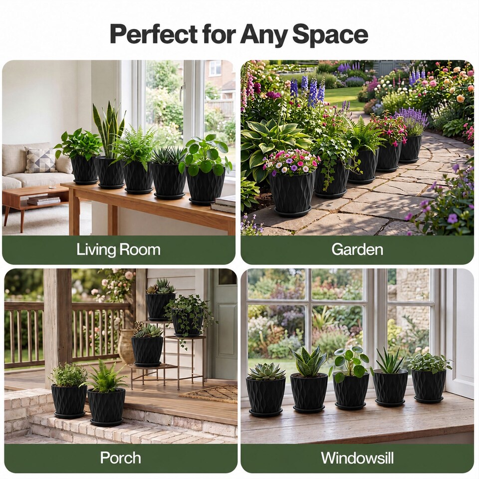 image 1 of TOQUE Plant Pots,5Pc 20cm Plant Pots Indoor,Drainage,PP Plastic,Black