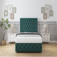 Sloomy Vienna Emerald Plush Divan Bed With Mattress 2 Drawers Left Side With 26" Strutted Headboard & 12" Matching Footboard 3' Single | Green | Emerald | Single | 1