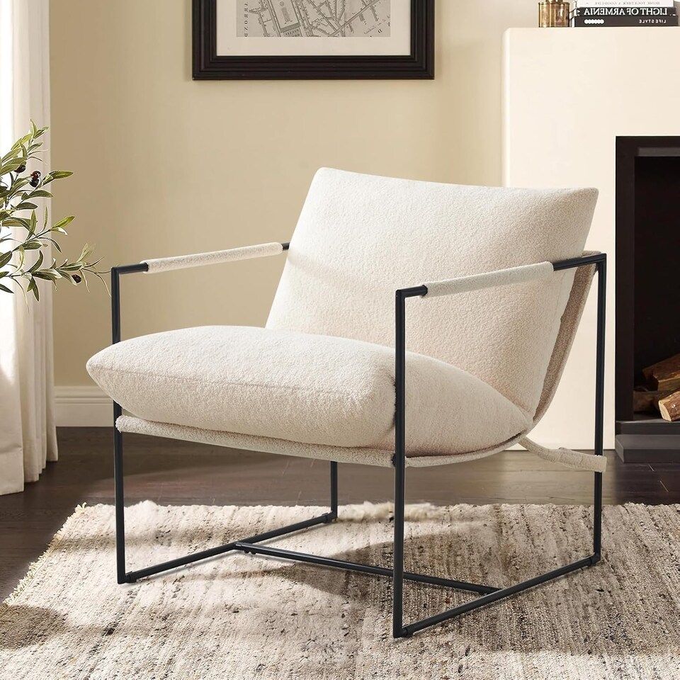image 1 of Boucle Fabric Lounge Chair with Metal Frame Upholstered Accent chair Luca White