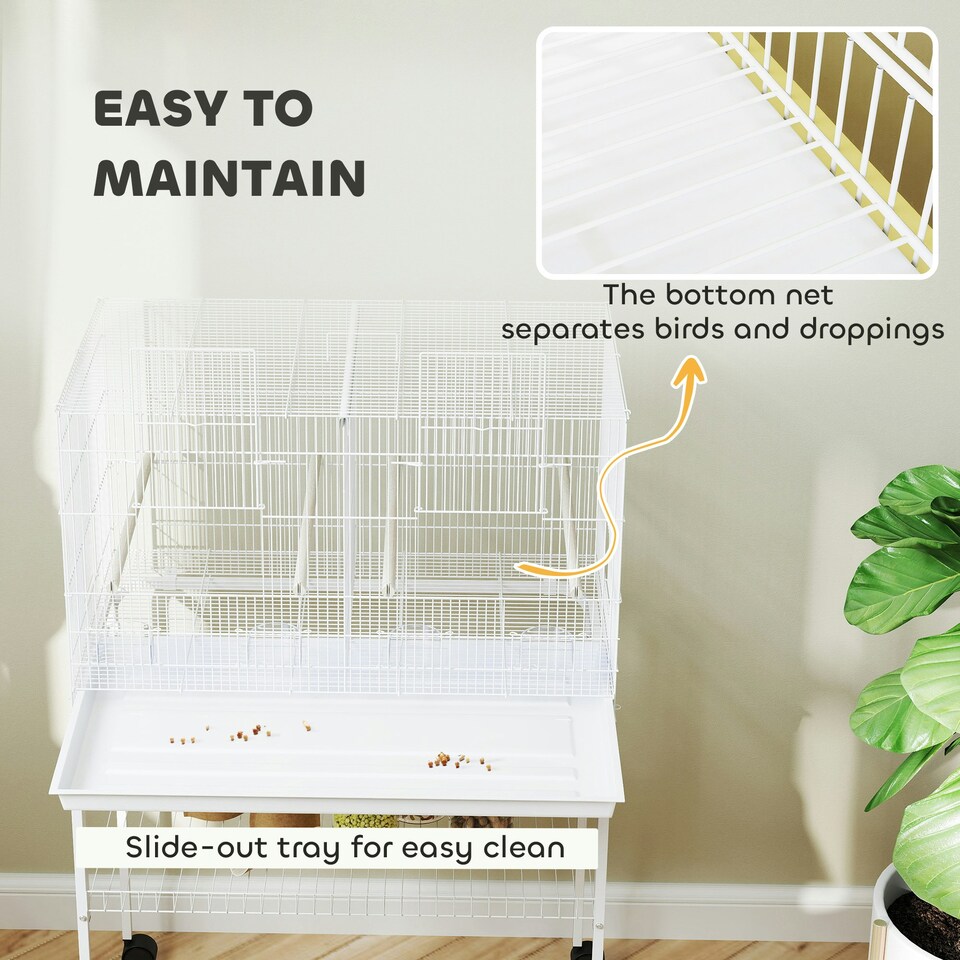image 1 of PawHut Bird Cage with Divider, 4 Wooden Perches, Slide Out Tray, White