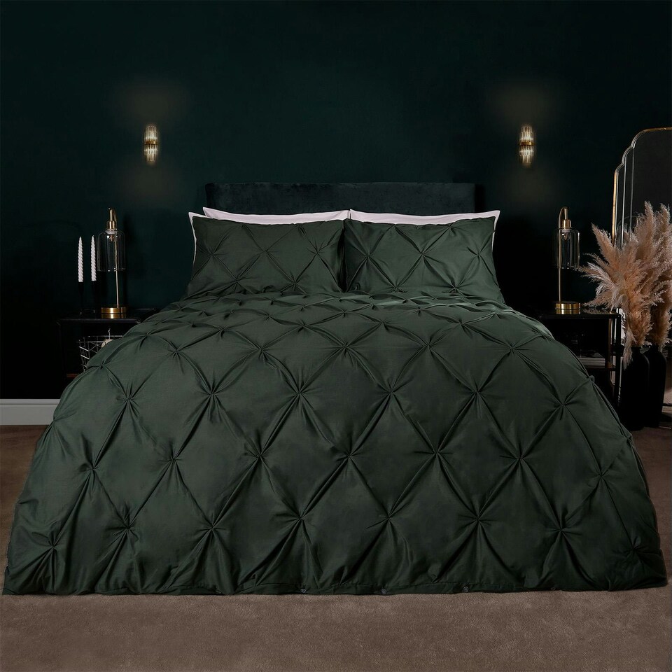 image 1 of OHS Pinch Pleat Diamond Pintuck Duvet Cover and Pillowcase Bedding Set, King - Forest Green
