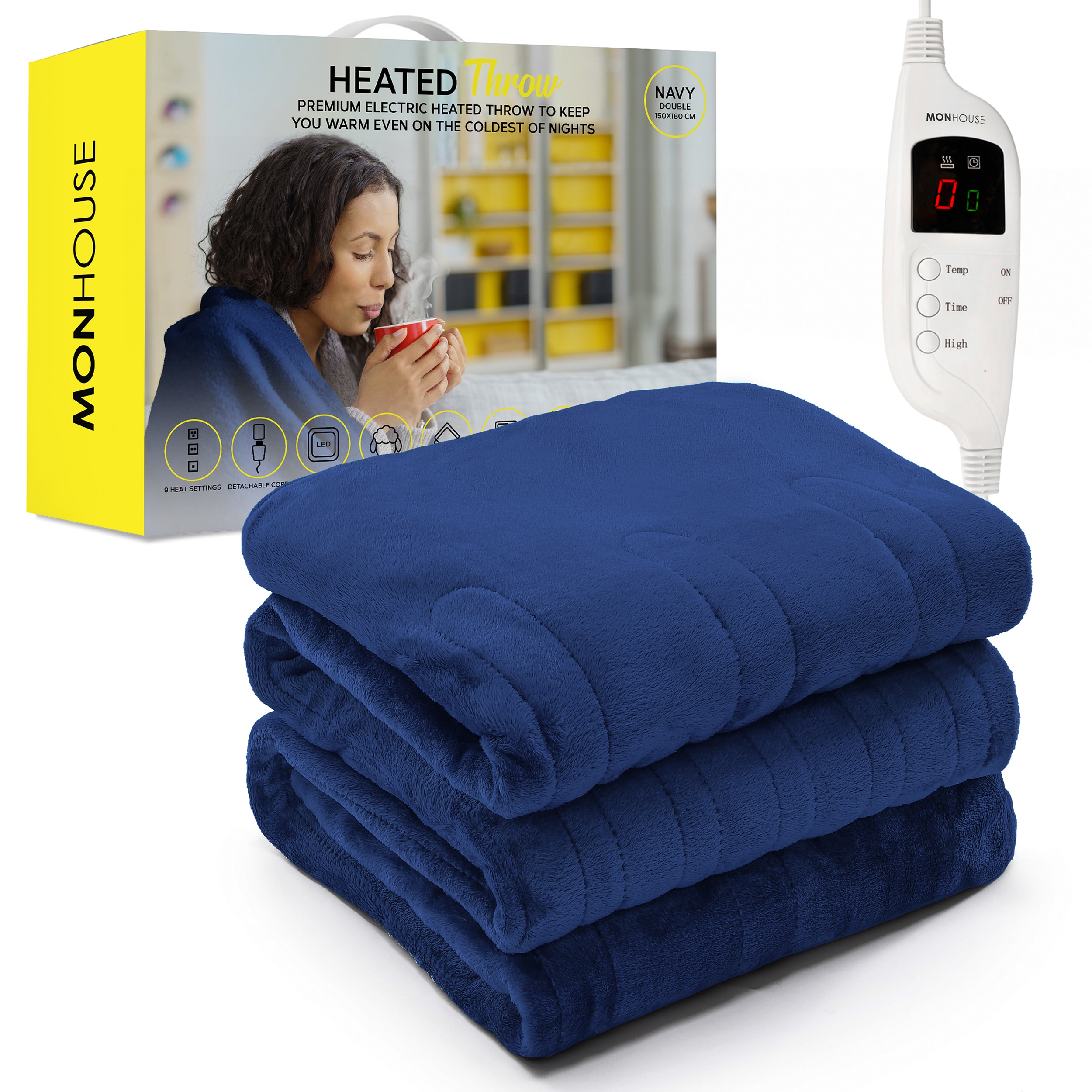 MONHOUSE Heated Electric Throw 9H Timer 9 Heat Setting Fleece Blanket in Navy | Size: Double