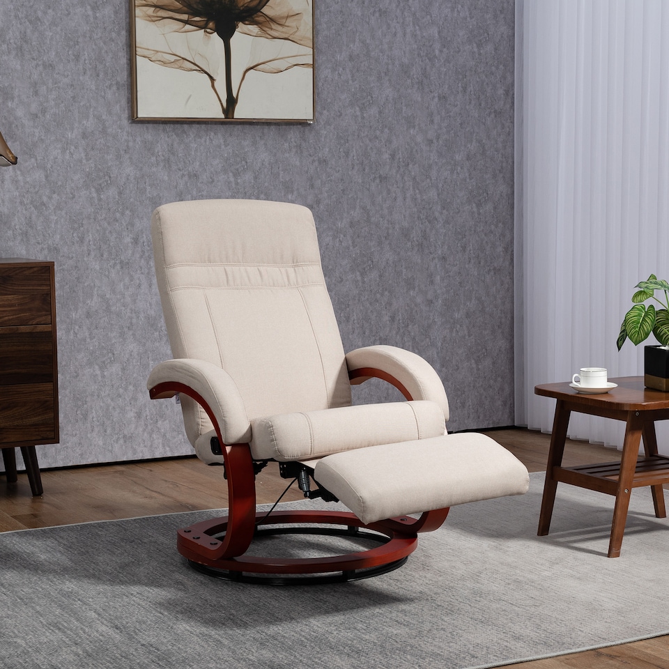 image 1 of HOMCOM Swivel Recliner Chair with Footstool and Wood Base, Manual Reclining Chair for Living Room, Bedroom, Beige