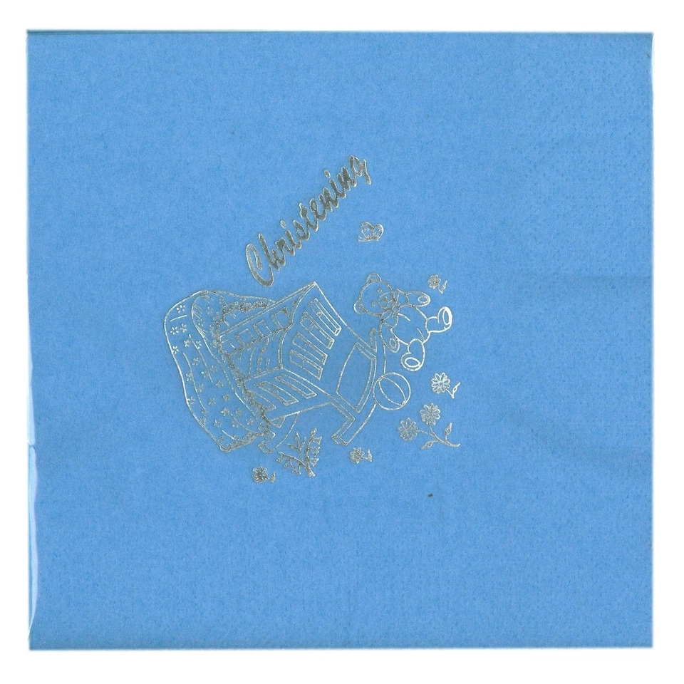 image 1 of Pack of 15 Luxury Blue Christening Teddy Foil Finished Large Napkins (3 Ply)