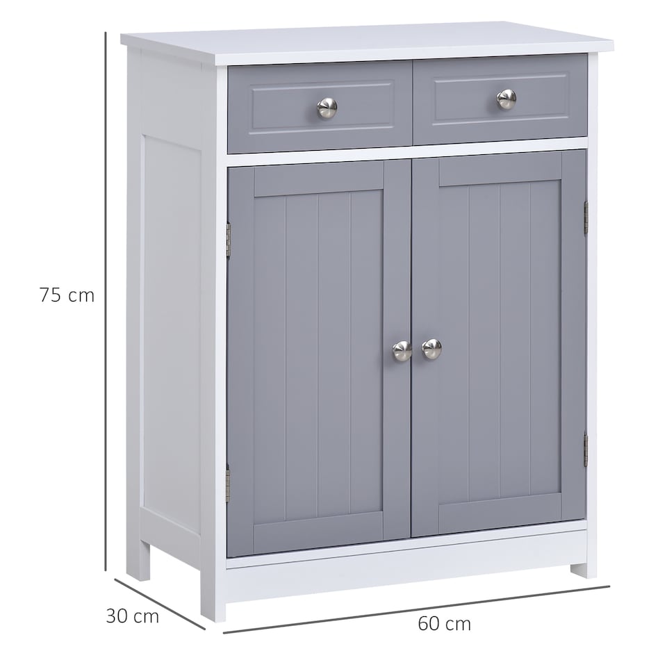 image 1 of kleankin 75x60cm Freestanding Bathroom Storage Cabinet Unit w  2 Drawers Cupboard Adjustable Shelf Metal Handles Traditional Style Grey White