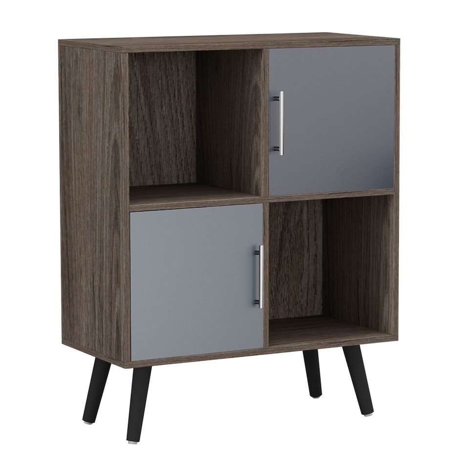 image 1 of Anthracite Oak 4-Cube Storage Unit with 2 Metal Handle Doors and Legs | Grey | Grey & Black | 1