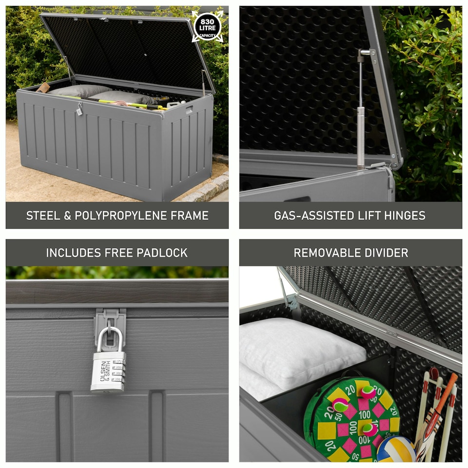 image 1 of Olsen & Smith 830L Extra Large Garden Storage Box - Weather Resistant Heavy Duty Wood Effect with Padlock Massive Capacity Storage Chest for Tools Toys & More Grey | Grey