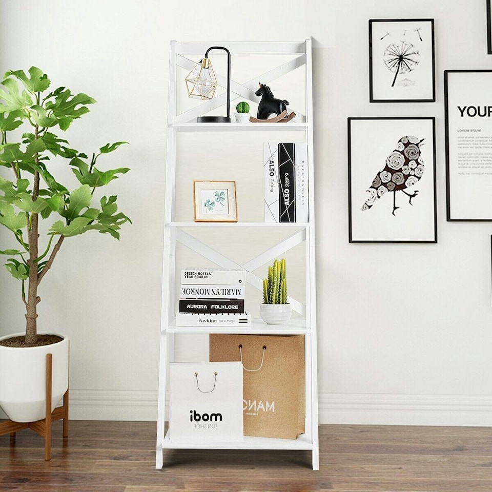 image 1 of COSTWAY 4 Tier Ladder Shelf Storage Wooden Bookcase White White