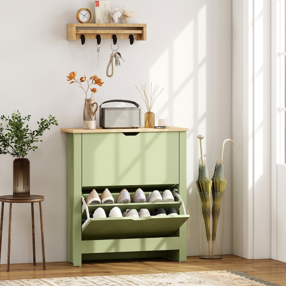 image 1 of HOMCOM 12-Shoe Storage Cabinet 4 Shelves 2 Drawers Tabletop Green | Green