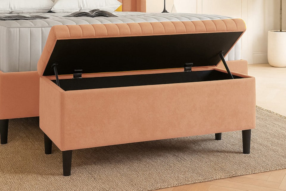 image 1 of 137cm Lined Upholstered Ottoman Storage box - Mink Plush Velvet Blanket Storage Box with Wooden Legs