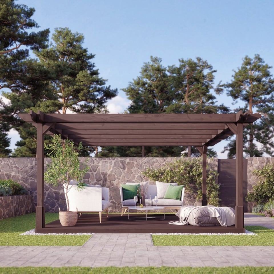 image 1 of Double Premium Pergola and Decking Kit - Wood - L300 x W300 cm - Rustic Brown