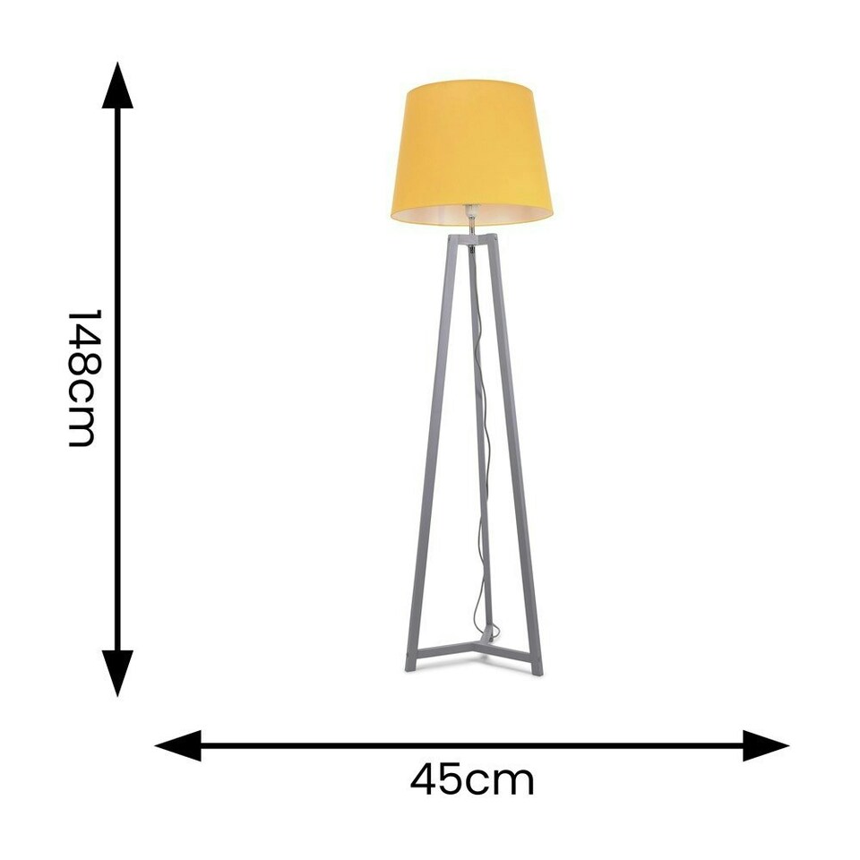 image 1 of ValueLights Lottie Grey Wood Tripod Floor Lamp with Mustard Fabric Tapered Shade Yellow
