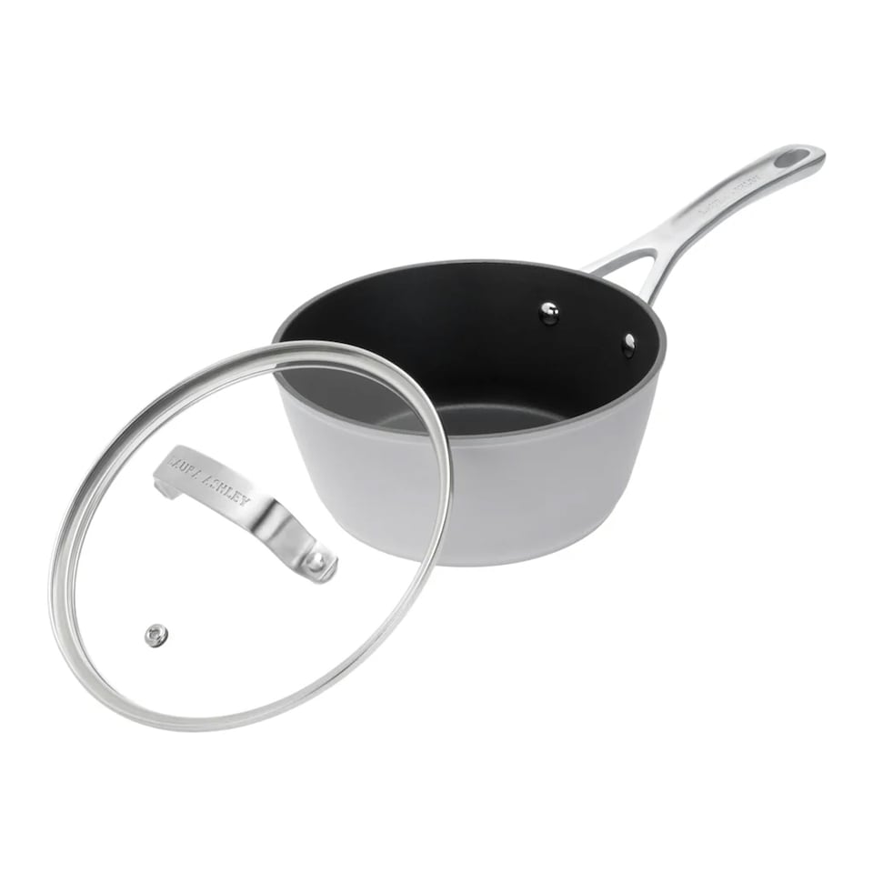 image 1 of Laura Ashley Forged Aluminium Non-stick Saucepan with Glass Lid 18cm - Dark Dove Grey Grey