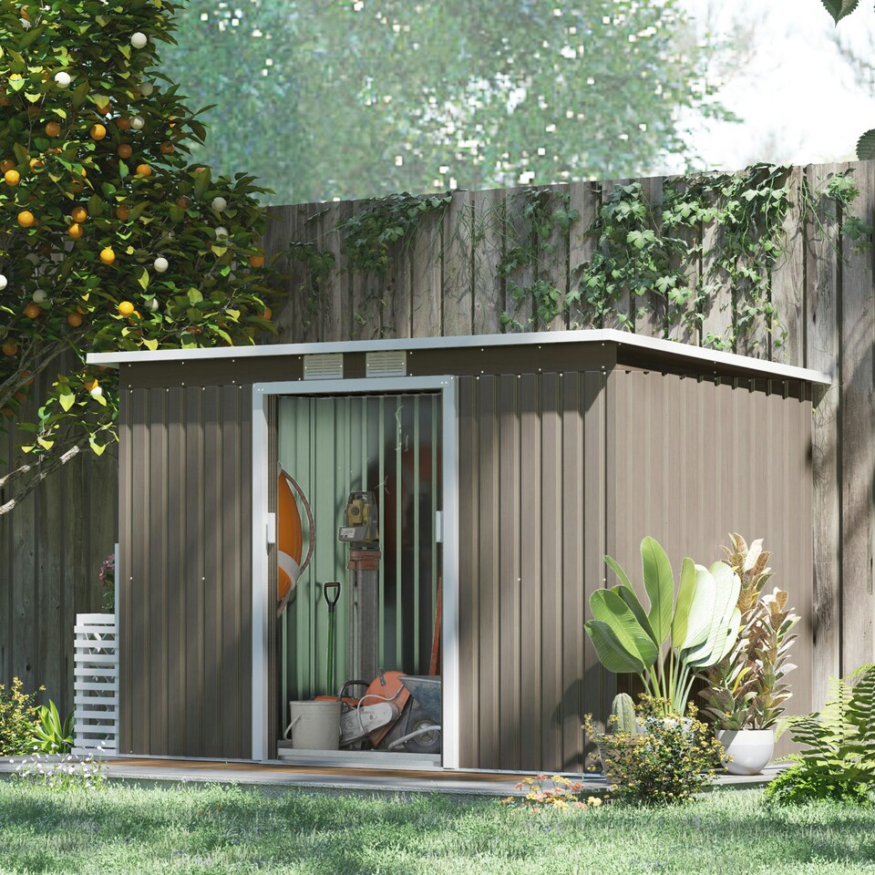 image 1 of Outsunny 9 x 4FT Metal Garden Storage Shed w/ 2 Door, Light Grey Wood Grain Grey