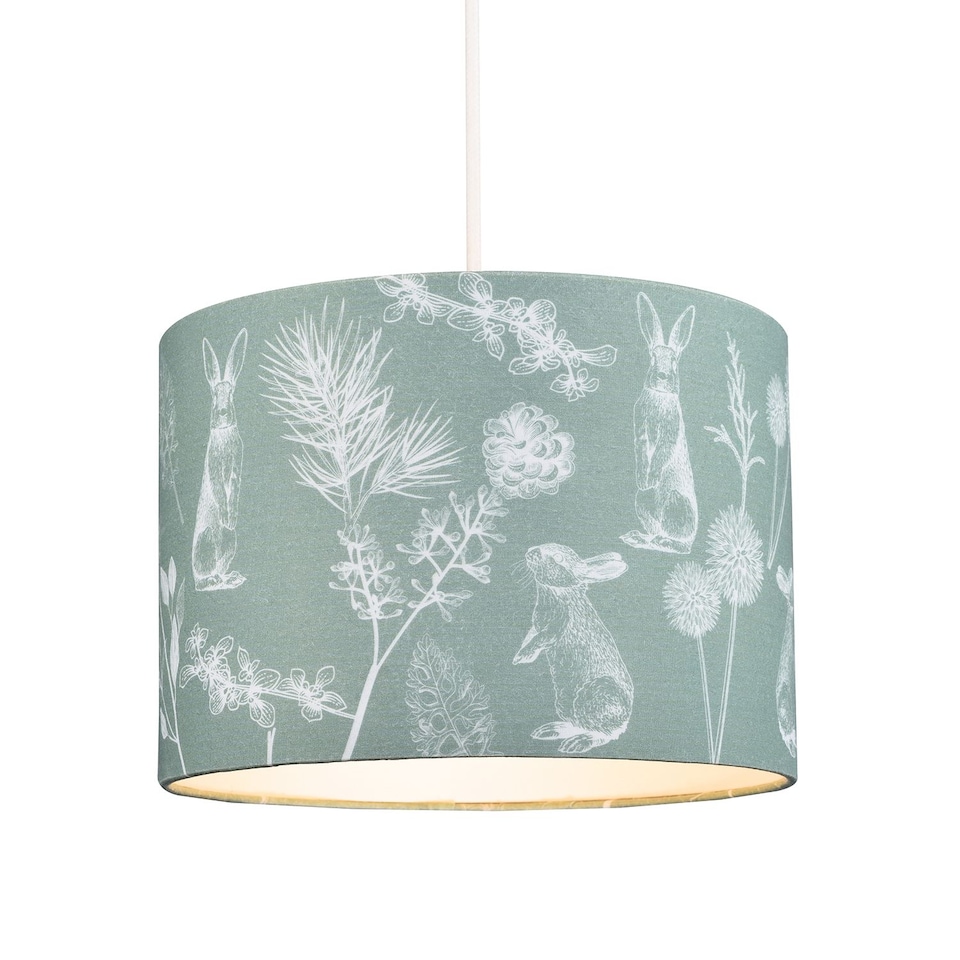 image 1 of Woodland Theme Sage Olive Green Cotton Shade with Hares and Thistle Floral Decor | Green | Olive Green | 1