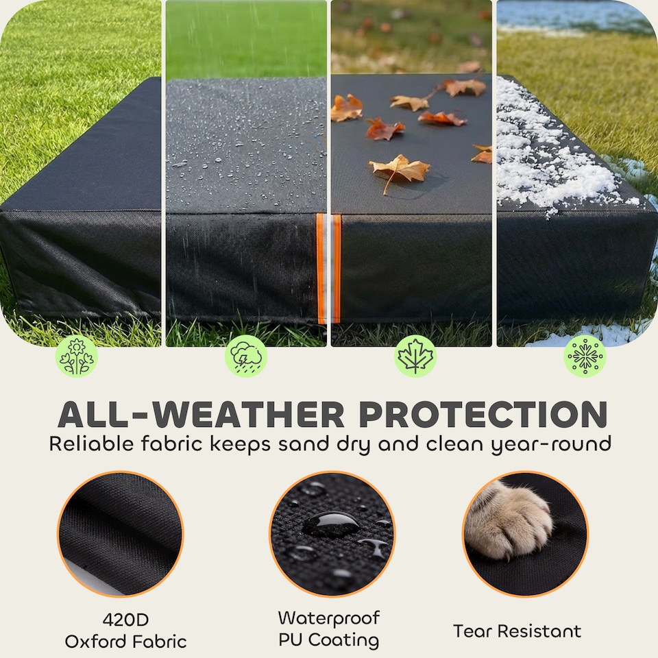 image 1 of AIYAPLAY Sandbox Cover, Square Sandpit Cover with Drawstring & Elastic Band | Black | Black with orange reflective strip | 125 x 125 x 20 cm