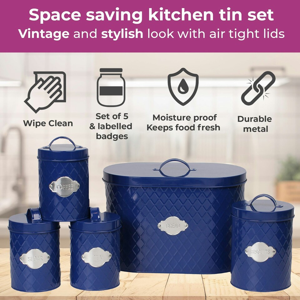 image 1 of Navy Embossed 5 Piece Kitchen Canister Set