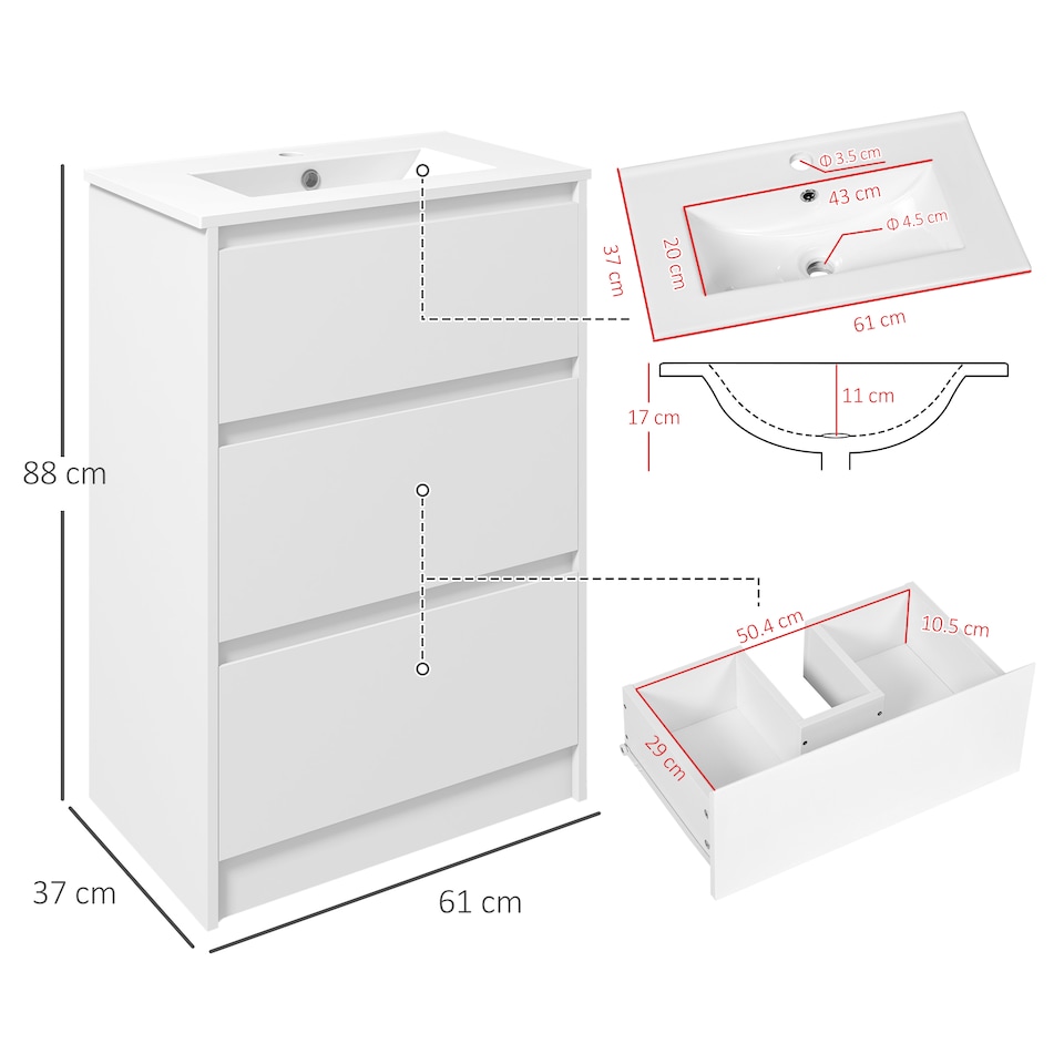 image 1 of kleankin 600mm Bathroom Vanity Unit with Basin and Single Tap Hole, High Gloss White Floor Standing Bathroom Sink Unit with 2 Drawers for Cloakroom | White | High gloss