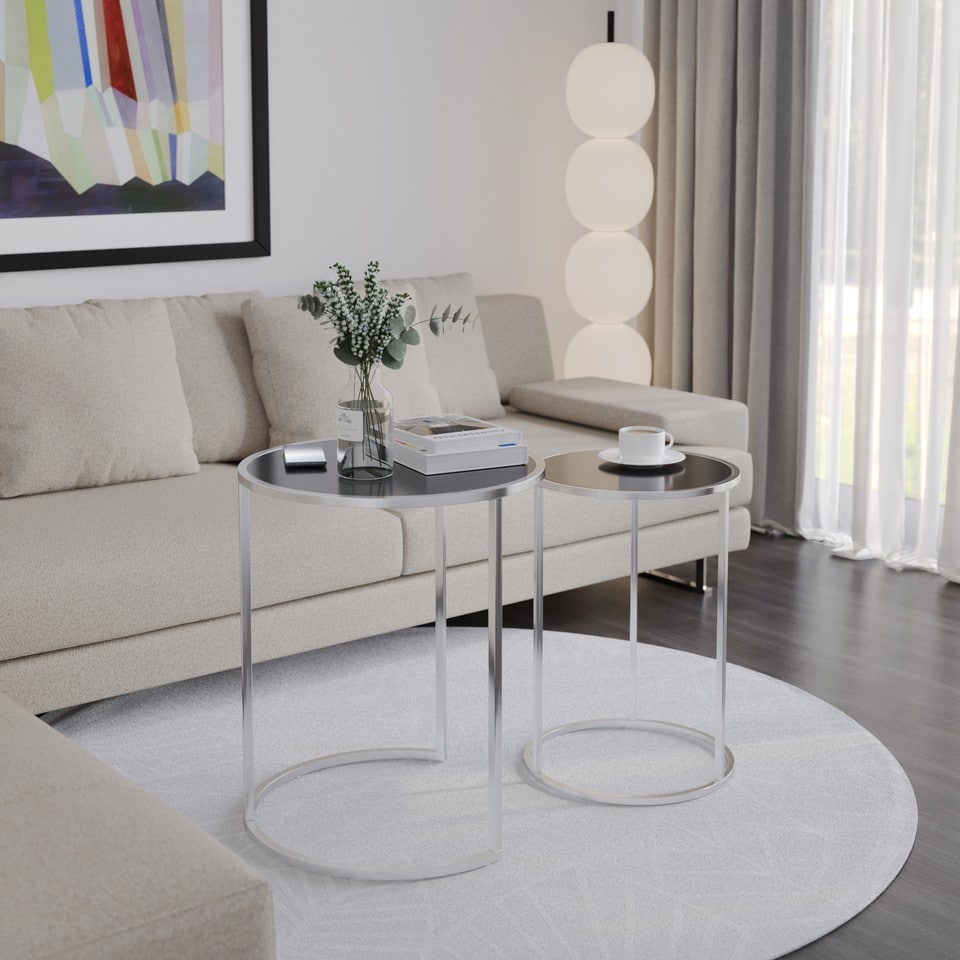 image 1 of 2 Piece Round Nesting Side Tables Set Tempered Glass Top Metal Leg Coffee Tables | Multi | Chrome Legs Black Glass