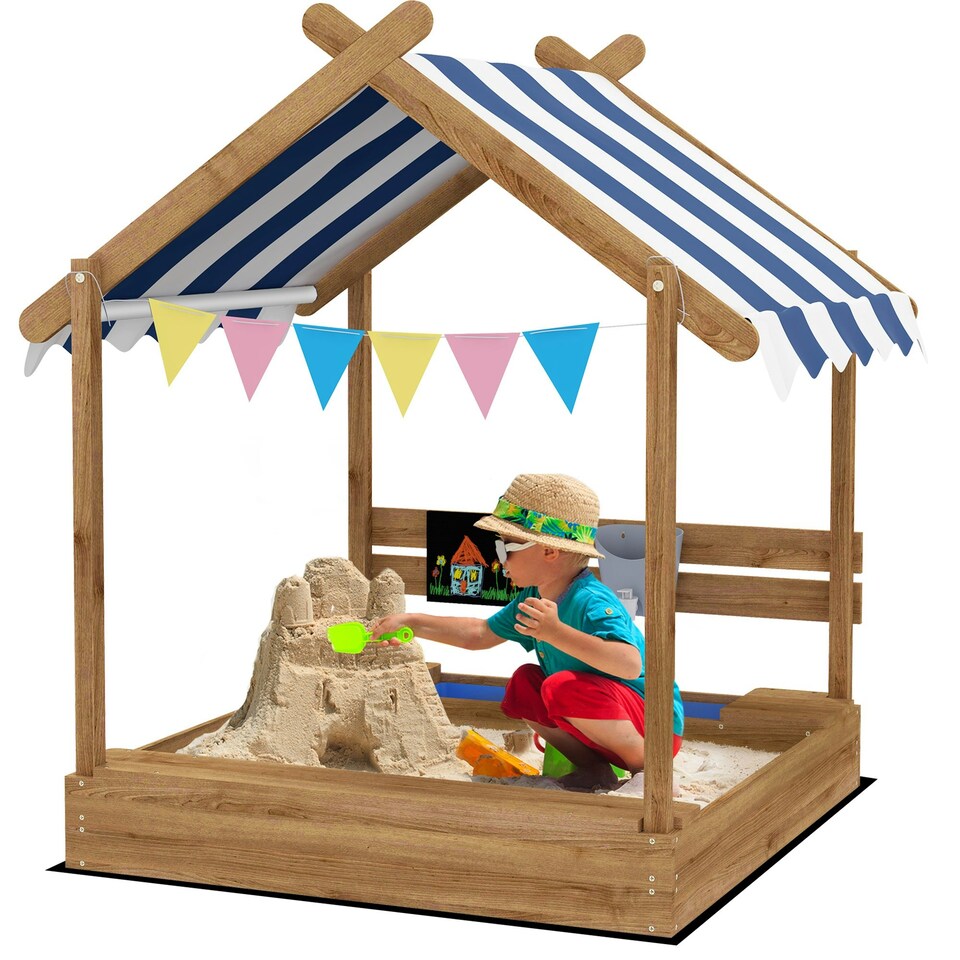 image 1 of Outsunny Sand Pit with Canopy, Blackboard, Toys, Sink, Seats, Flags for Kids