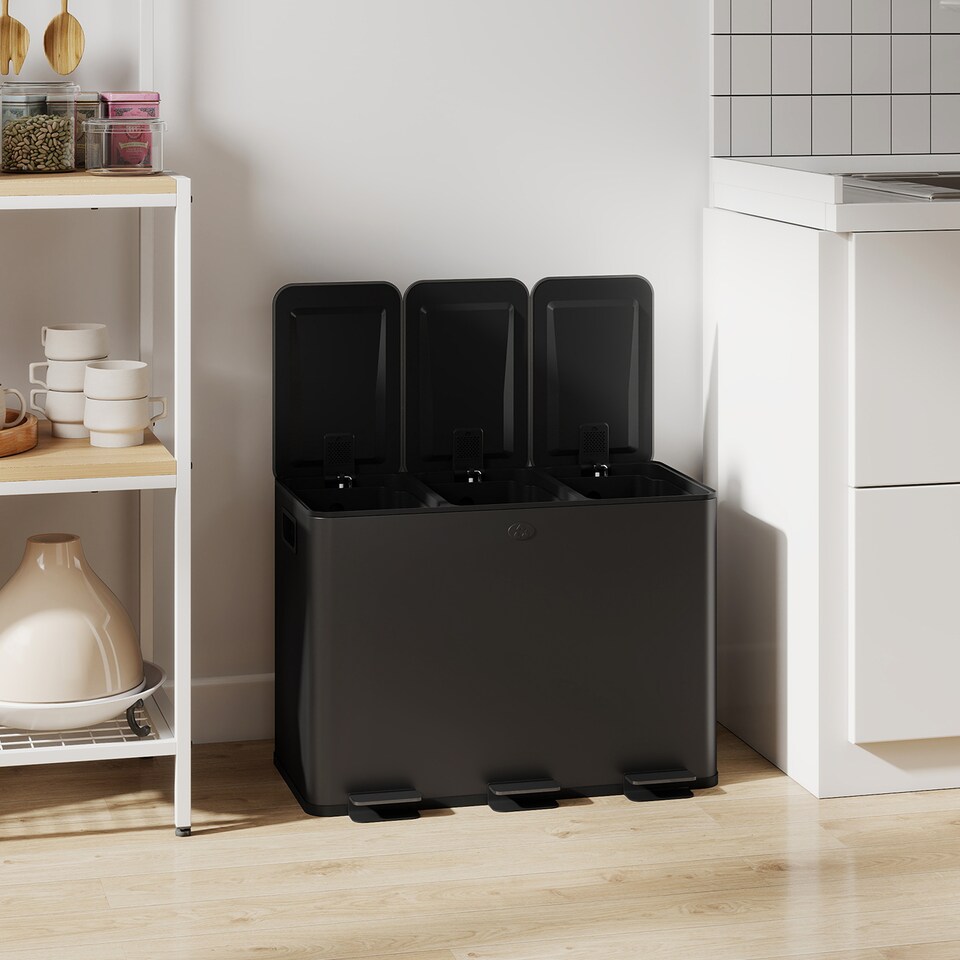 image 1 of HOMCOM Triple Kitchen Bin, 3 x 15L Pedal Bin, Stainless Steel Three Rubbish Bin with Removable Inner Buckets, Soft Close Lid, Fingerprint-Proof for Recycling and Waste, Black | Black | 1