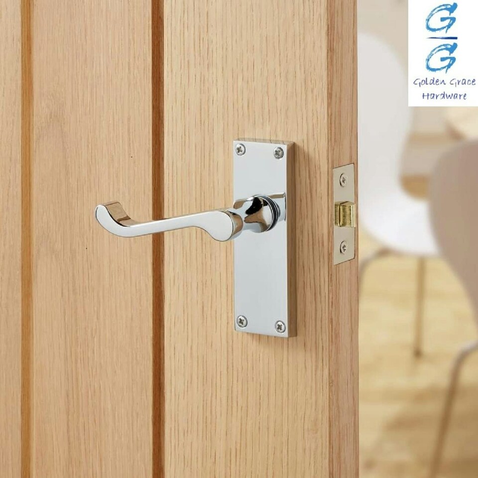 image 1 of Golden Grace 5 Sets Victorian Scroll Latch Door Handles in Polished Chrome with 1 Pair of 3" Ball Bearing Hinges & Latches Pack - 120mm x 40mm Backplate Chrome