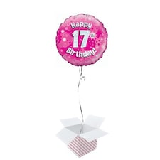 Pink Happy 17th Birthday Holographic Round Foil Helium Balloon - Inflated Balloon in a Box