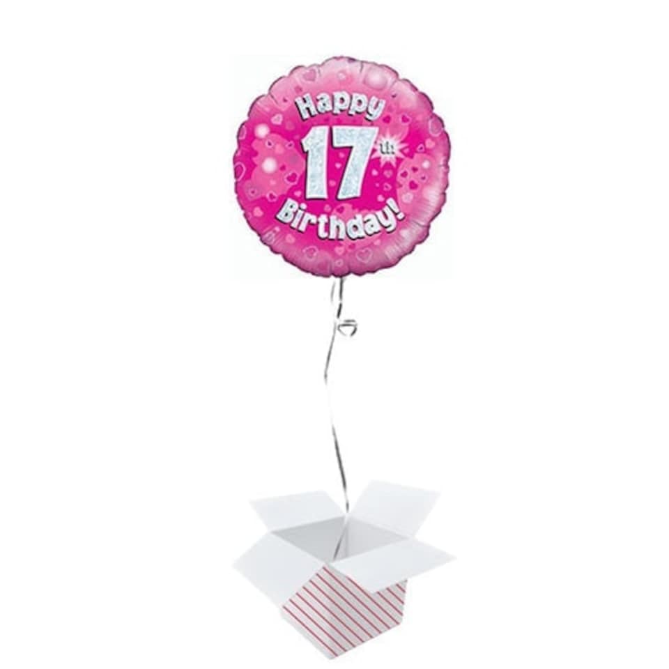 Pink Happy 17th Birthday Holographic Round Foil Helium Balloon - Inflated Balloon in a Box