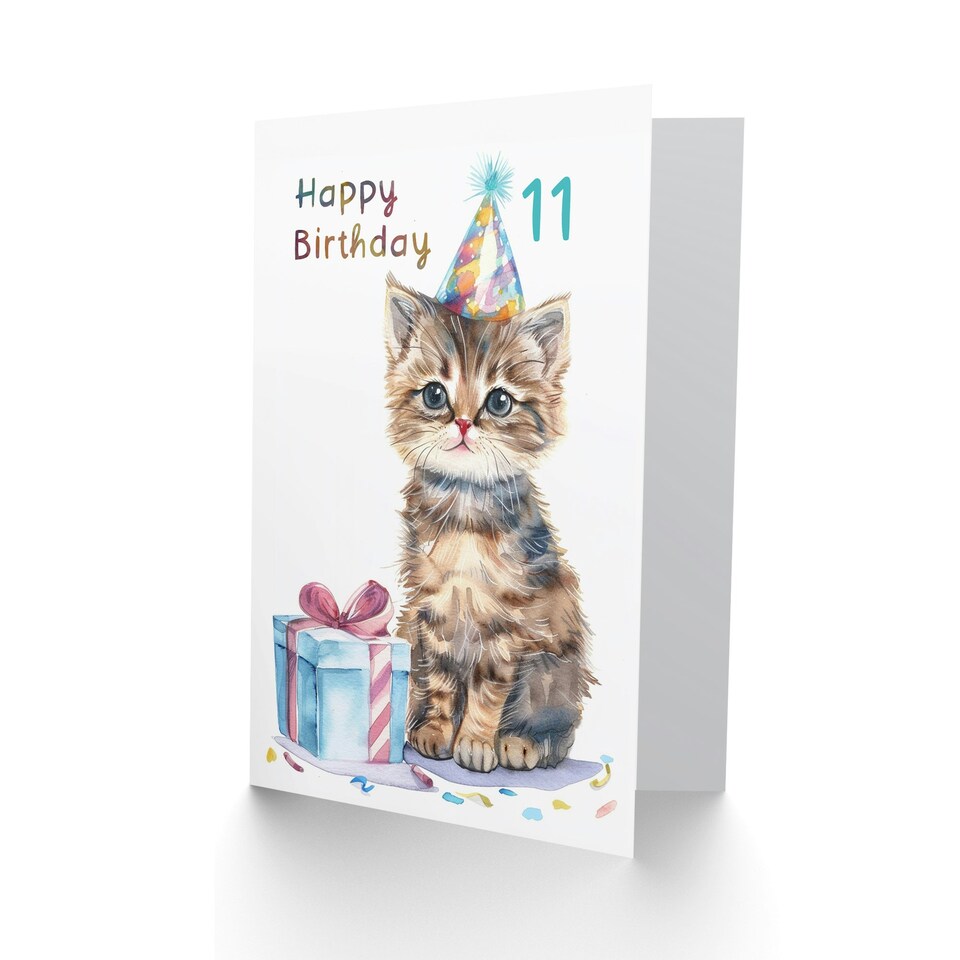 image 1 of 11th Cute Baby Cat Kitten Party Hat Kids Age 11 Year Old Child Birthday Card
