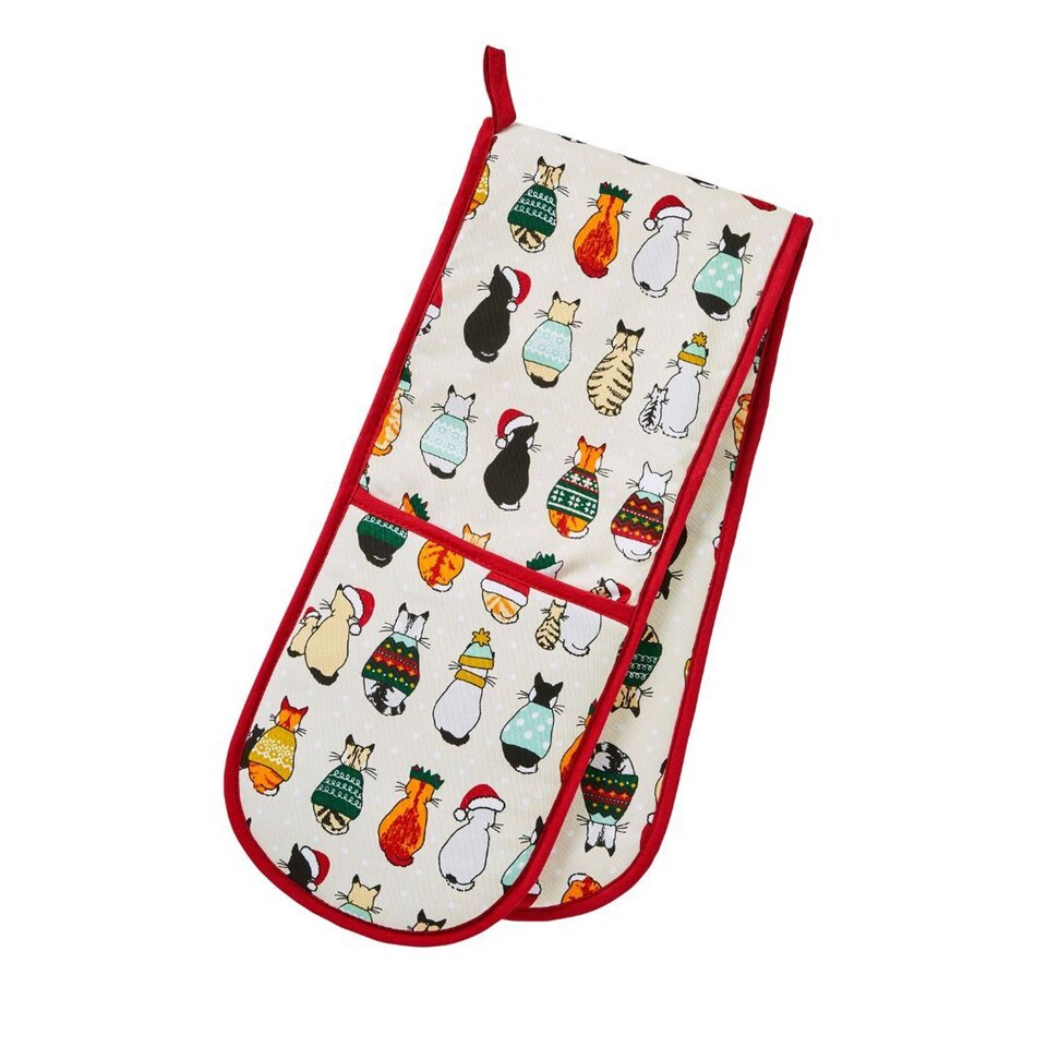 image 1 of Ulster Weavers Christmas Cats in Waiting Double Oven Glove Red/Cream