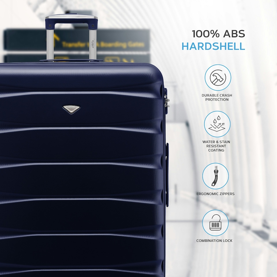 image 1 of Flight Knight Set of 3 Lightweight 4 Wheel ABS Hard Case Suitcases Cabin & Hold Luggage, 100+ Airlines Approved - easyJet, British Airways, Ryanair, Jet2 Blue | Navy