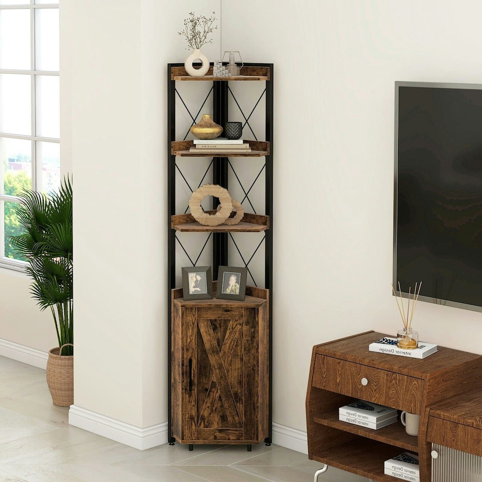 image 1 of COSTWAY 6-Tier Corner Bookcase Adjustable Shelf Brown Brown