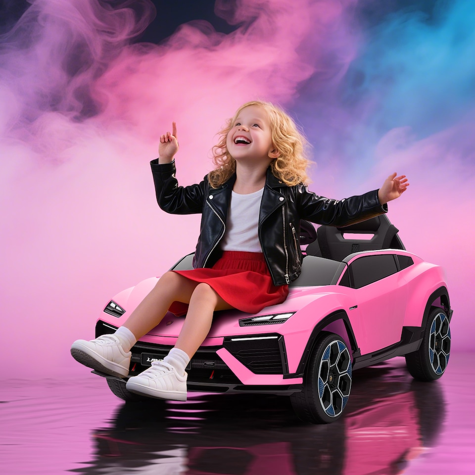 image 1 of AIYAPLAY Licensed Lamborghini Electric Cars for Kids, 12V Battery Powered Ride On Car with Remote Control, Suspension, MP3, Horn, for 3-6 Years Old | Pink