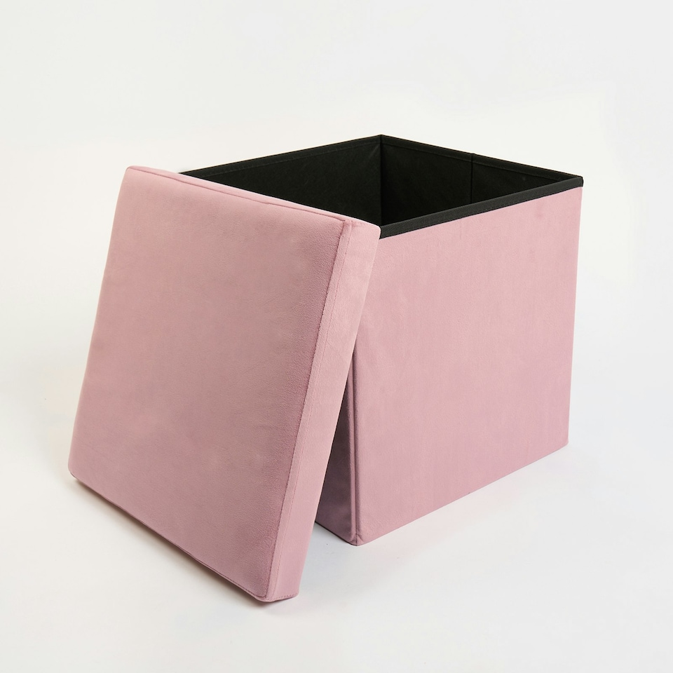 image 1 of OHS Matte Velvet Soft Foldable Cube Footstool Seat Storage Organiser Ottoman Pink | Blush Pink