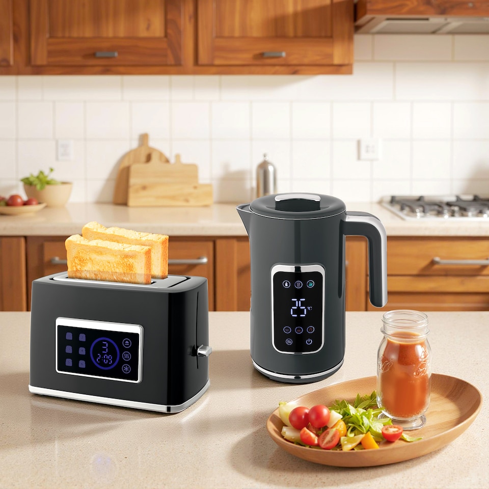 image 1 of HOMCOM 1.7L 3000W Rapid Boil Kettle and 2 Slice Toaster Set Crumb Tray Grey | Grey