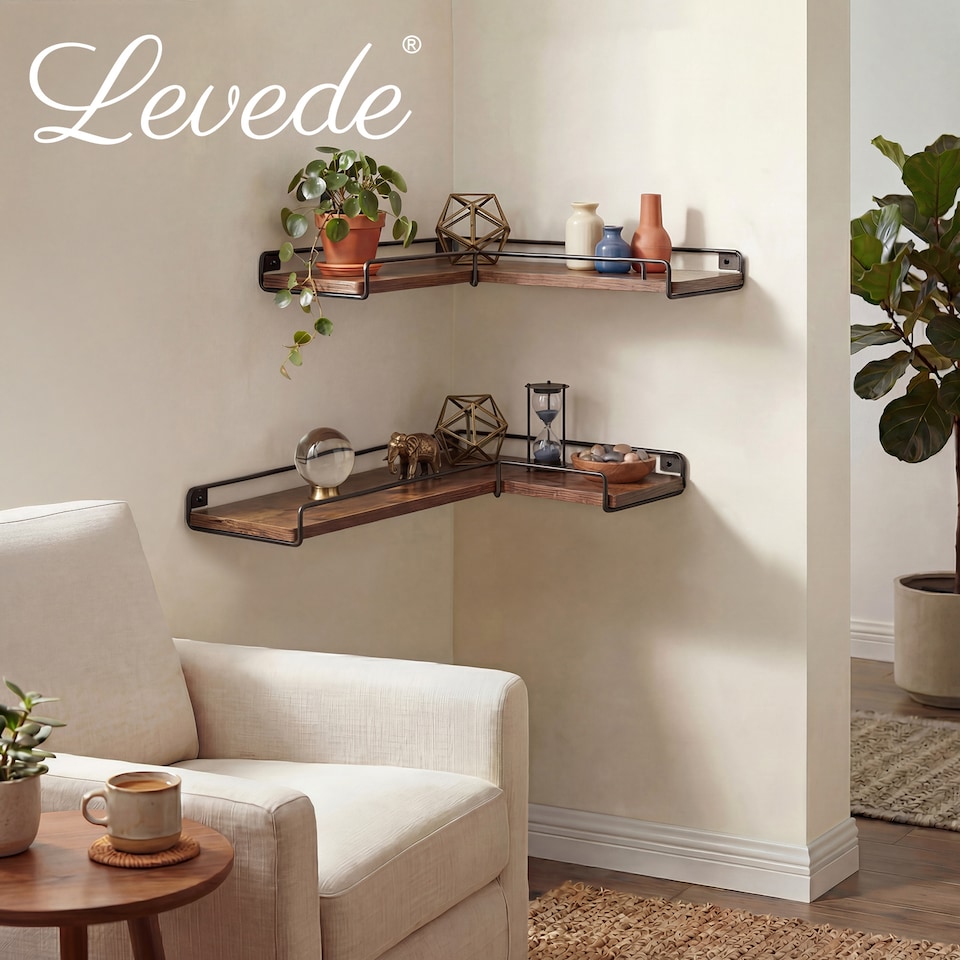 image 1 of Levede Floating Shelves Set 2PC L-Shaped Corner Shelf Wall Mounted Wood Brown
