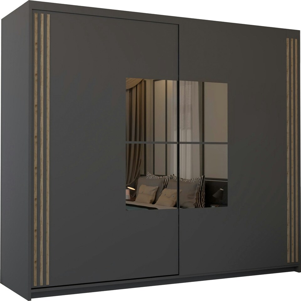image 1 of Spacious 203cm Sliding Wardrobe with Paneled Mirror Doors & Votan Strip | Adjustable Interior | White, Black, Grey, Oak Black | Black203cm