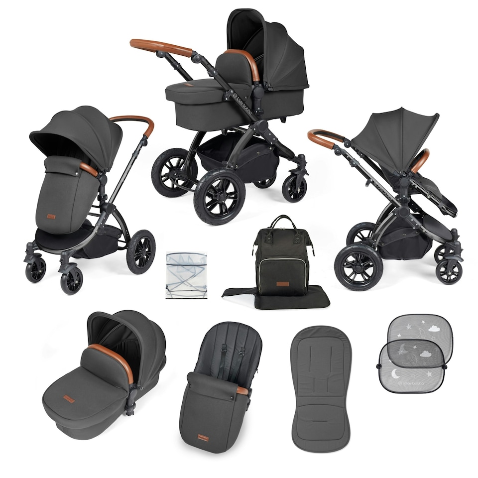 image 1 of Stomp Luxe 2-in-1 Pram – Birth to Approx. 4 Years, Foldable, All-Terrain, Rain Cover, Footmuff, Puncture-Proof Wheels & More (Black/Charcoal Grey/Tan)