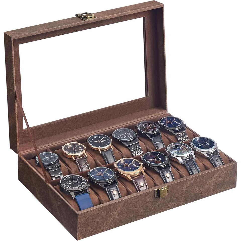 image 1 of 12 Slot Watch Storage Box with Glass Lid, Display Case with Removable Watch Pillows, Coffee Brown Synthetic Leather