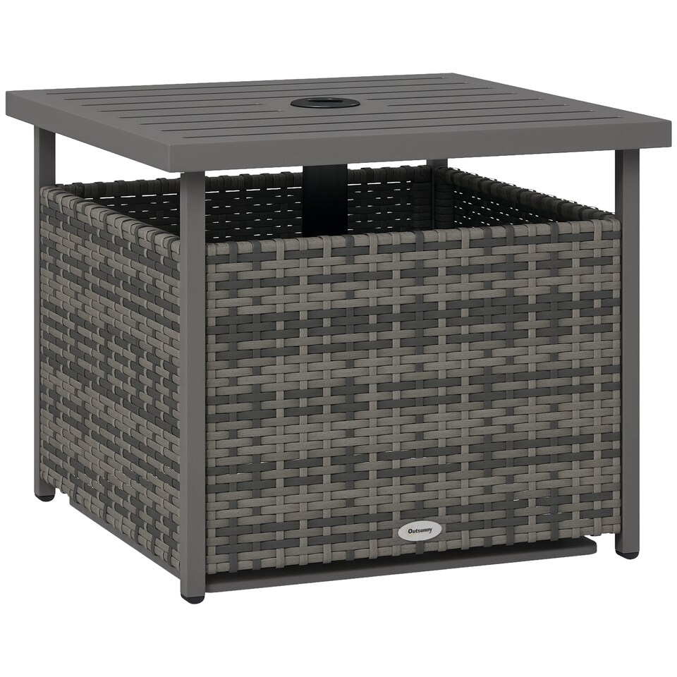 image 1 of Outsunny Outdoor Rattan Coffee Table w/ Umbrella Hole Fit for Garden | Grey | Gradient grey rattan | 55.5 x 55.5 x 46 cm