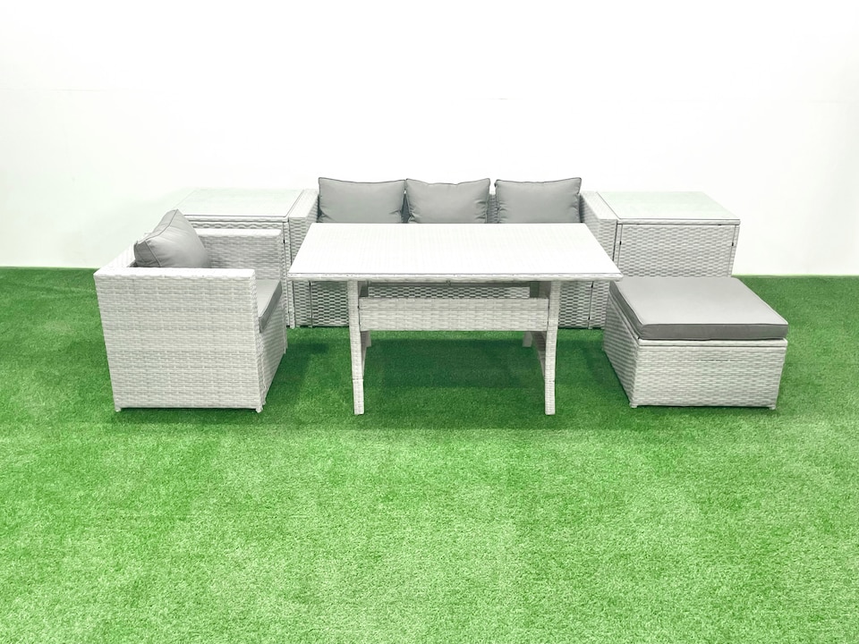 image 1 of Fimous Rattan Garden Furniture Dining Set 5 Seater Lounge Sofa Chair Dining Table Set with Big Footstool Light Grey Mixed