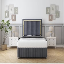 Sloomy Boston Gold Steel Plush Divan Bed With Mattress 2 Drawers Left Side With 54" Floor Standing Headboard & 12" Matching Footboard 2'6 Small Single | Grey | Steel | Small Single | 1