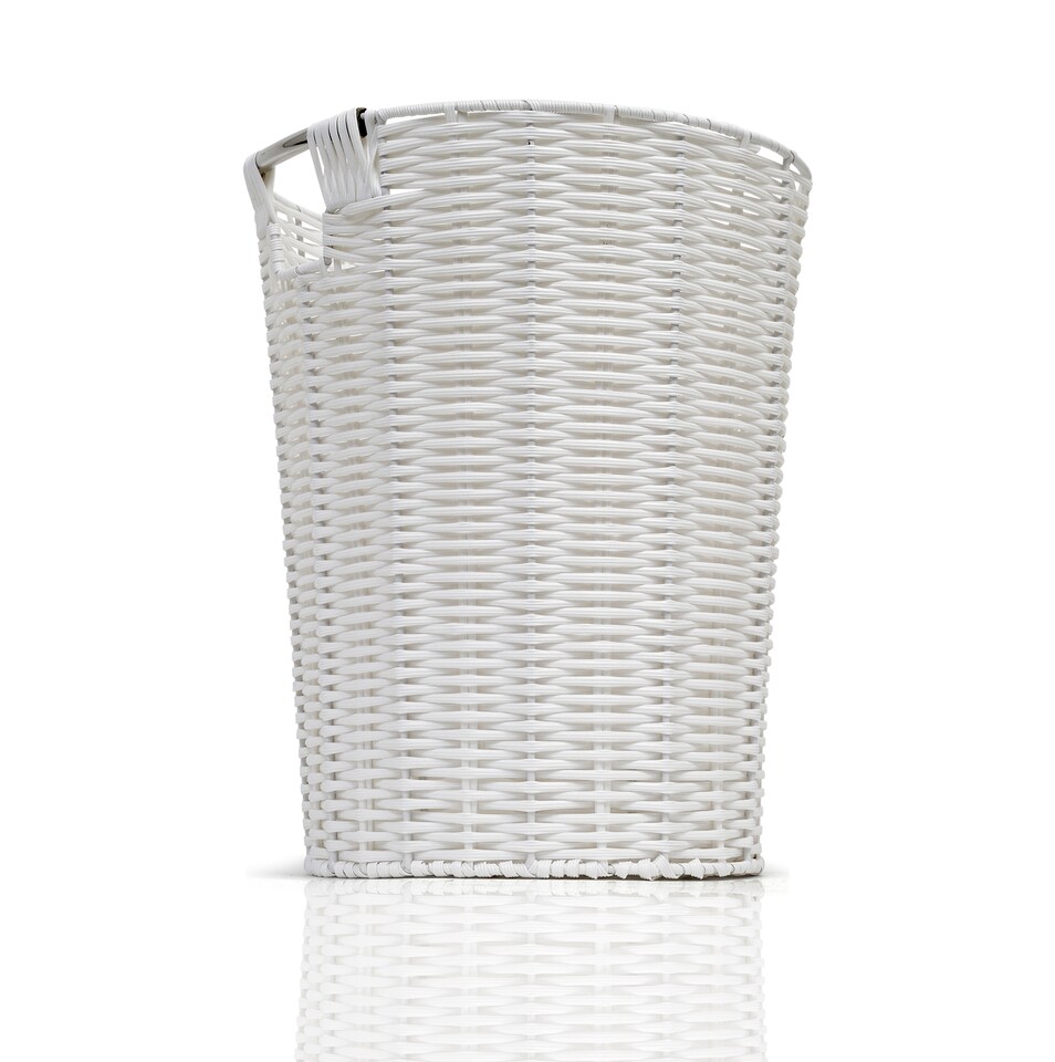 image 1 of White Resin Round Waste Paper Bin – Strong Woven Storage Basket Rubbish Bin for Home, Office, Hotel, Bedroom & Bathroom