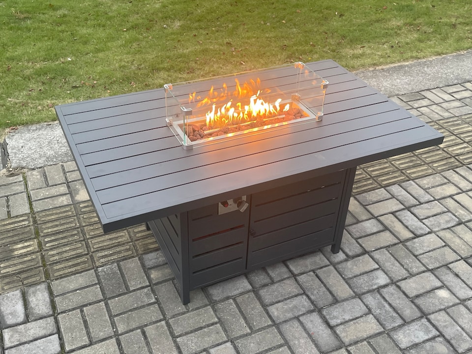 image 1 of Fimous Aluminium Outdoor Lounge Sofa Garden Furniture Sets Gas Fire Pit Dining Table Set with 2 Side Tables Dark Grey