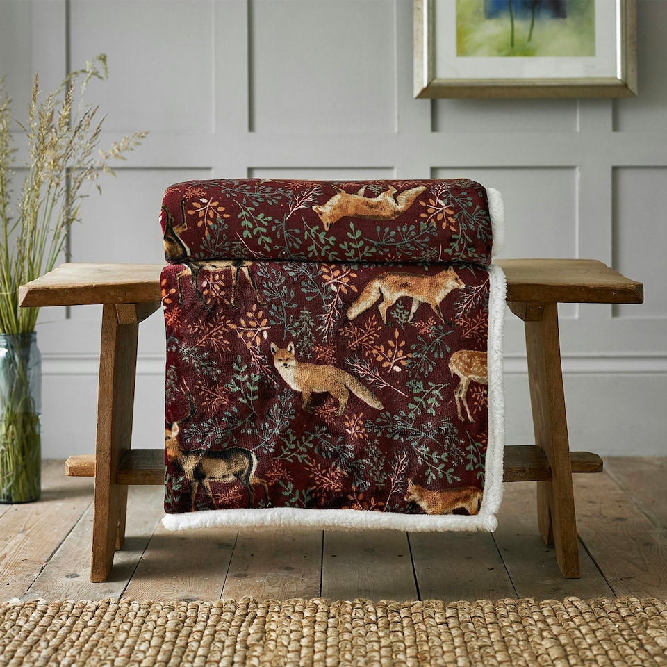 image 1 of Fox and Deer Soft Fleece Throw - 140 x 180cm Cosy Sherpa Blanket Blue | Navy